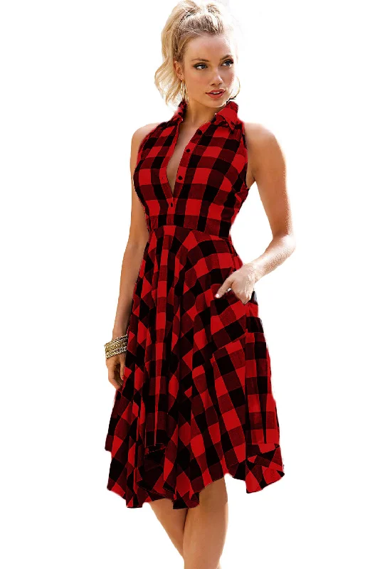 Red Black Denim Checks Flared Shirtdress