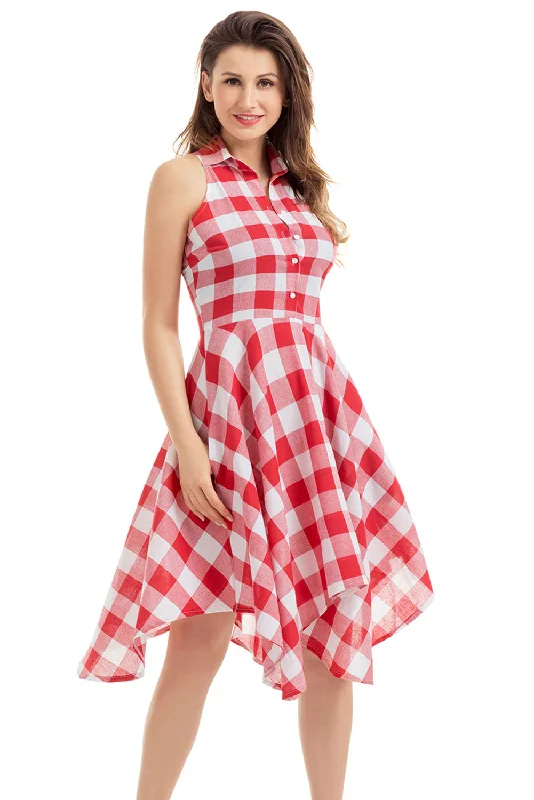 Red White Denim Checks Flared Shirtdress