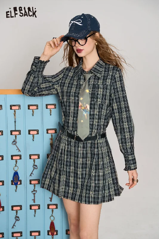 ELFSACK 2024 Autumn New Arrive Black cotton college style waist slimming plaid shirt dress for women