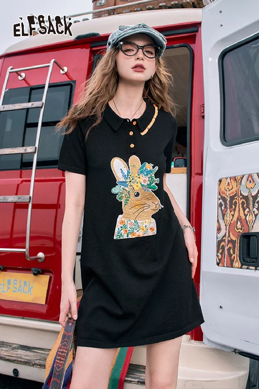 ELFSACK 2024 Summer New Arrivals Polo collar cute rabbit print t-shirt dress for women