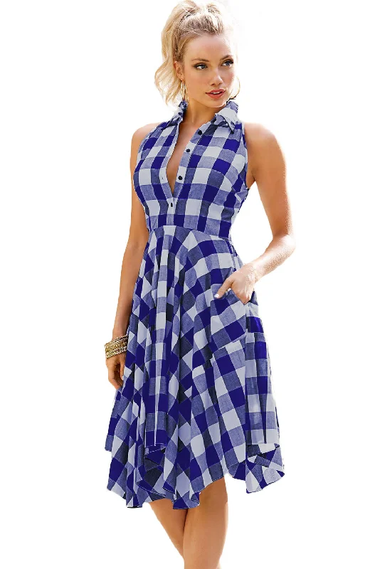 Blue White Denim Checks Flared Shirtdress