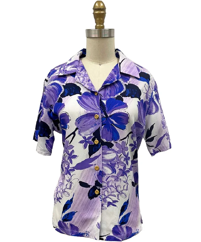 Women's Watercolor Hibiscus Purple Camp Shirt