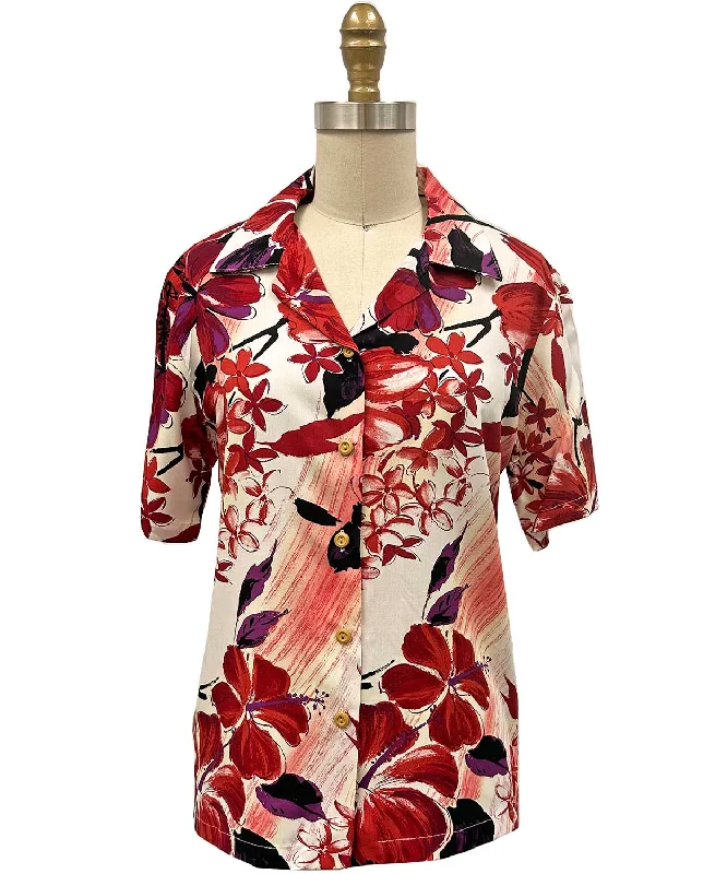 Women's Watercolor Hibiscus Red Camp Shirt