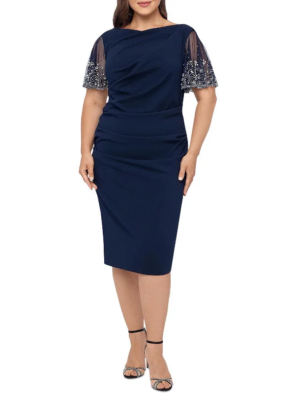 Plus Womens Beaded Midi Cocktail and Party Dress